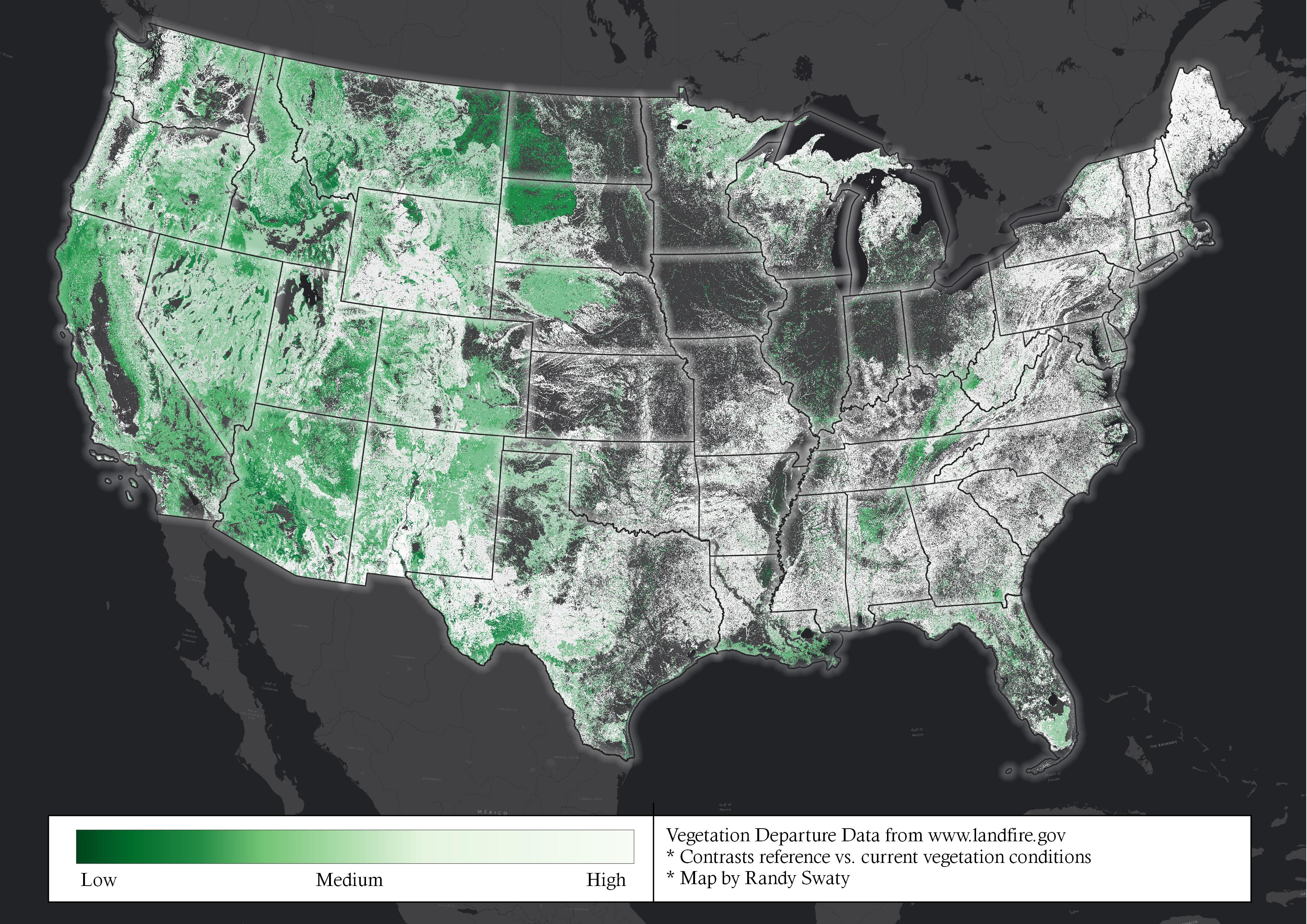 LANDFIRE's Vegetation Departure.  Green areas represent low levels of Vegetation Departure, white areas high levels, and black represents urban and agricultural land use, and water. 
